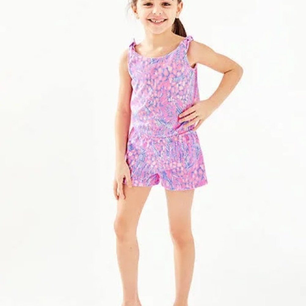 Lilly Pulitzer Cady Romper Pink Sorbet High Altitude Blue Bow Cotton Girls Small